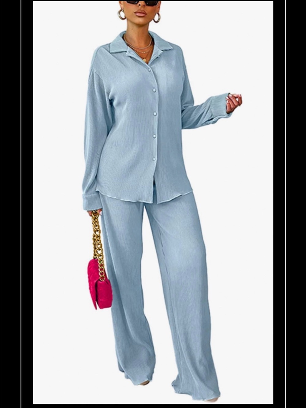 Light Blue Women's Relaxed Set - Button Front Top & Wide Leg Pants